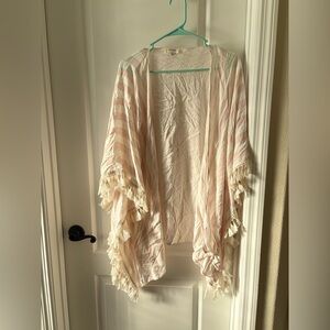 Umgee Boho Kimono Top S/M Pink Ivory Striped Fringe Tassel Beach Cover Up